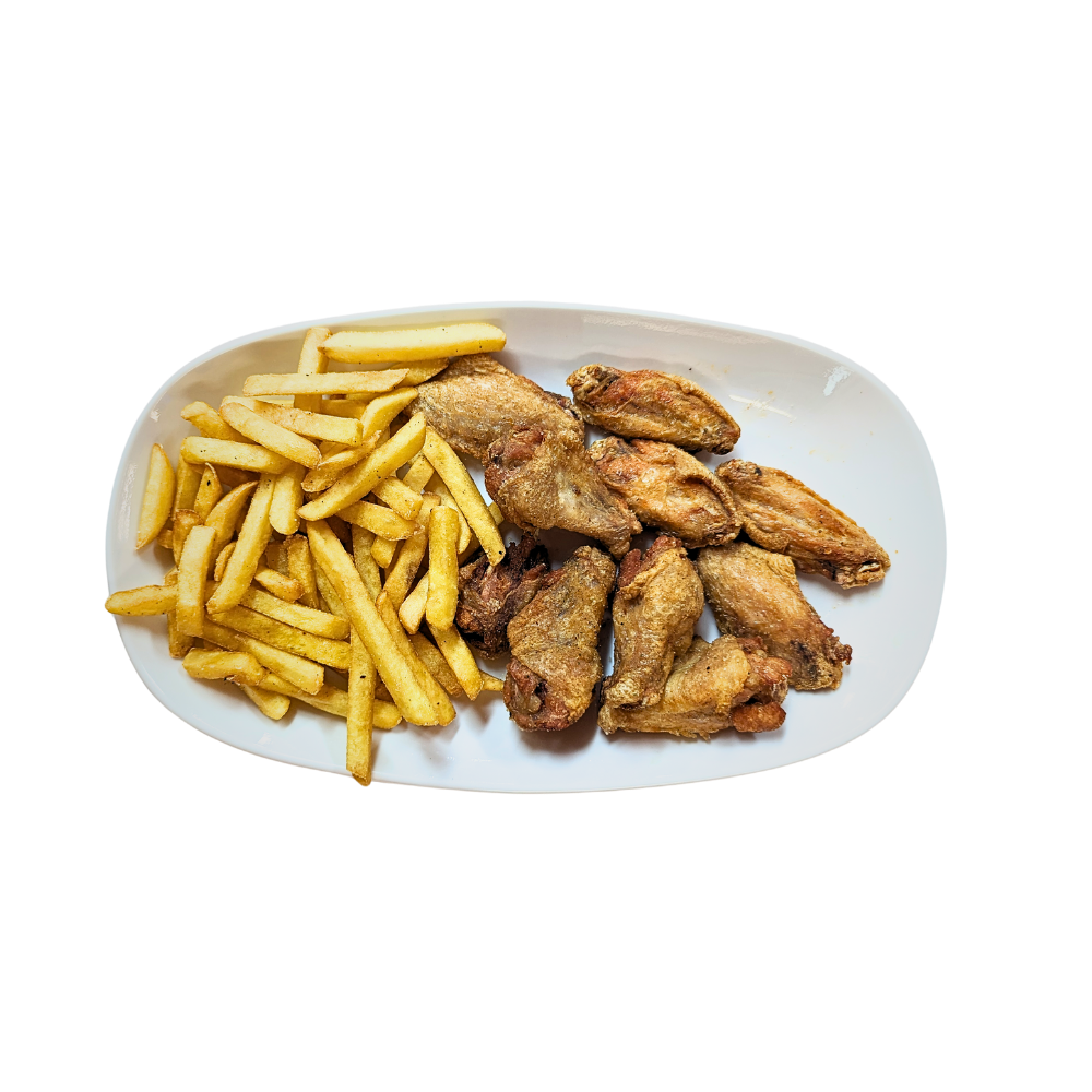 58. Pouletflügeli mit Pommes